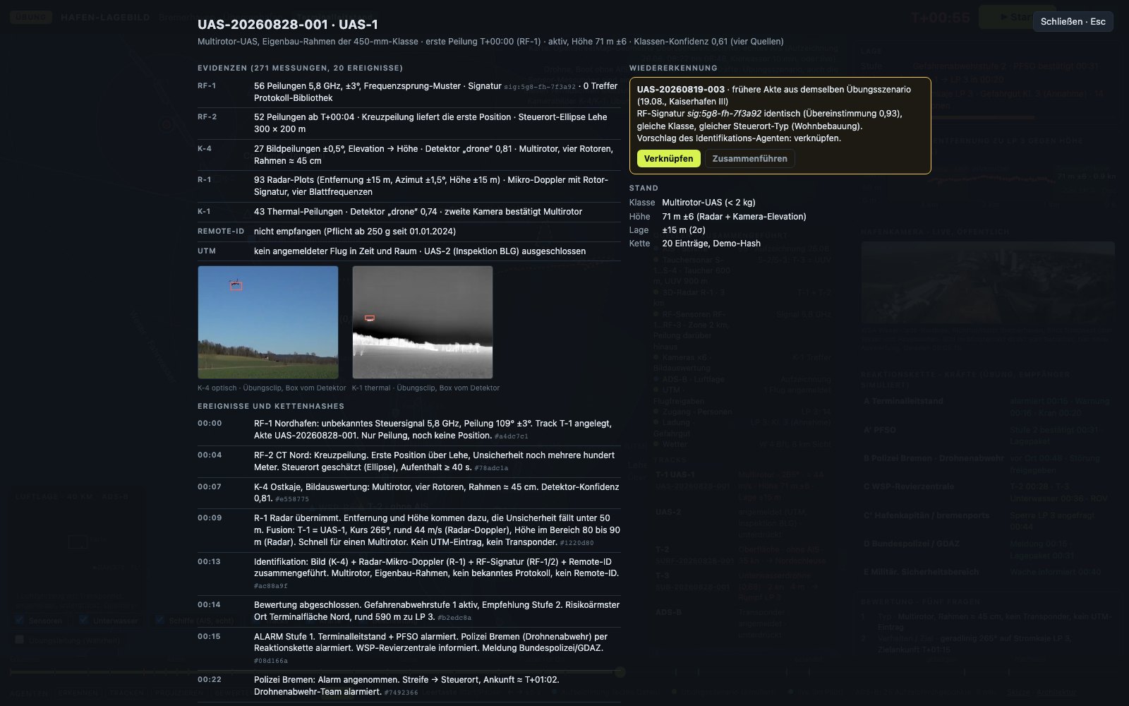 Akte einer erkannten Drohne: Evidenzen je Sensor, Bildausschnitte optisch und thermal, Ereignisse mit Prüfsummen, Wiedererkennung gegen eine frühere Akte.
